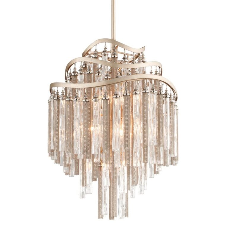 Chimera Pendant Light — crystal and silver-leaf cascade chandelier with sculptural waves.
