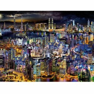 Fifth Dimension Plexiglass artwork featuring a surreal blue and gold cityscape with iconic buildings under a mysterious night sky.