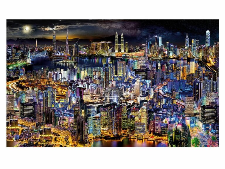 Fifth Dimension Plexiglass artwork featuring a surreal blue and gold cityscape with iconic buildings under a mysterious night sky.