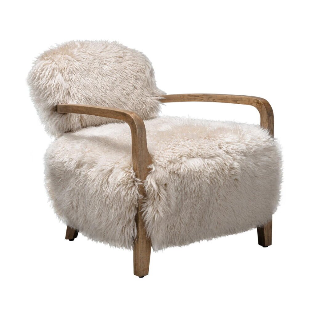 Cabana Armchair by Timothy Oulton – handcrafted wood frame with thick long-haired New Zealand sheepskin