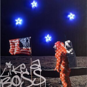 Astronaut in Supreme suit standing on the moon under five glowing blue neon stars – Like a Boss artwork