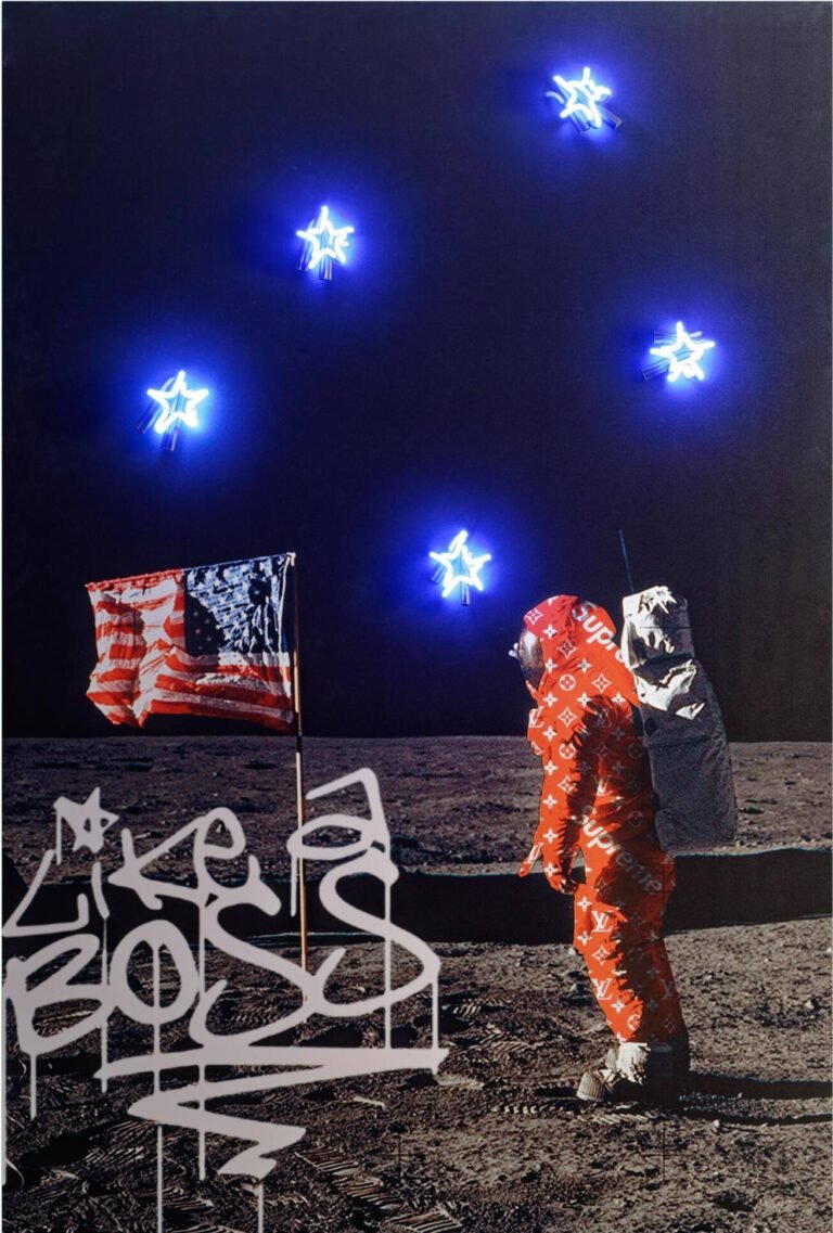 Astronaut in Supreme suit standing on the moon under five glowing blue neon stars – Like a Boss artwork