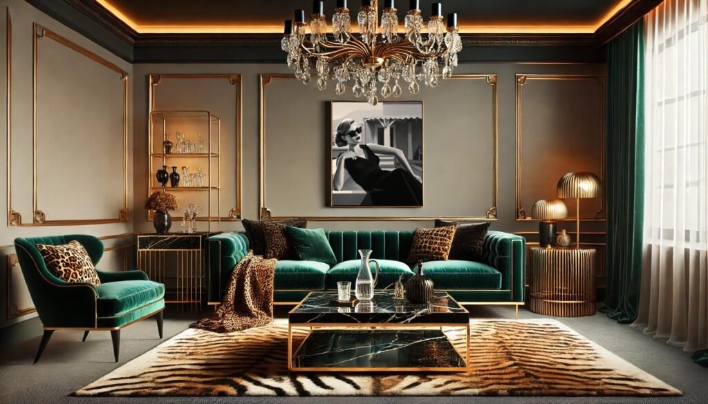 Luxurious Mob Wife Aesthetic living room design with opulent decor.