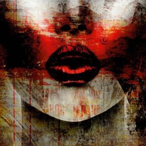 Red Kiss plexiglass artwork – close-up red lips on abstract inky background