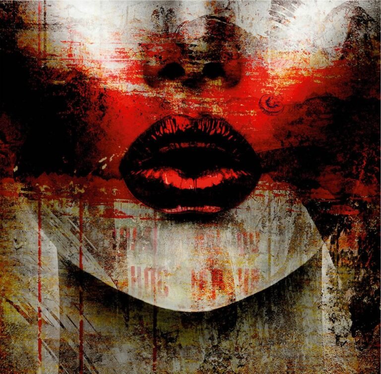 Red Kiss plexiglass artwork – close-up red lips on abstract inky background