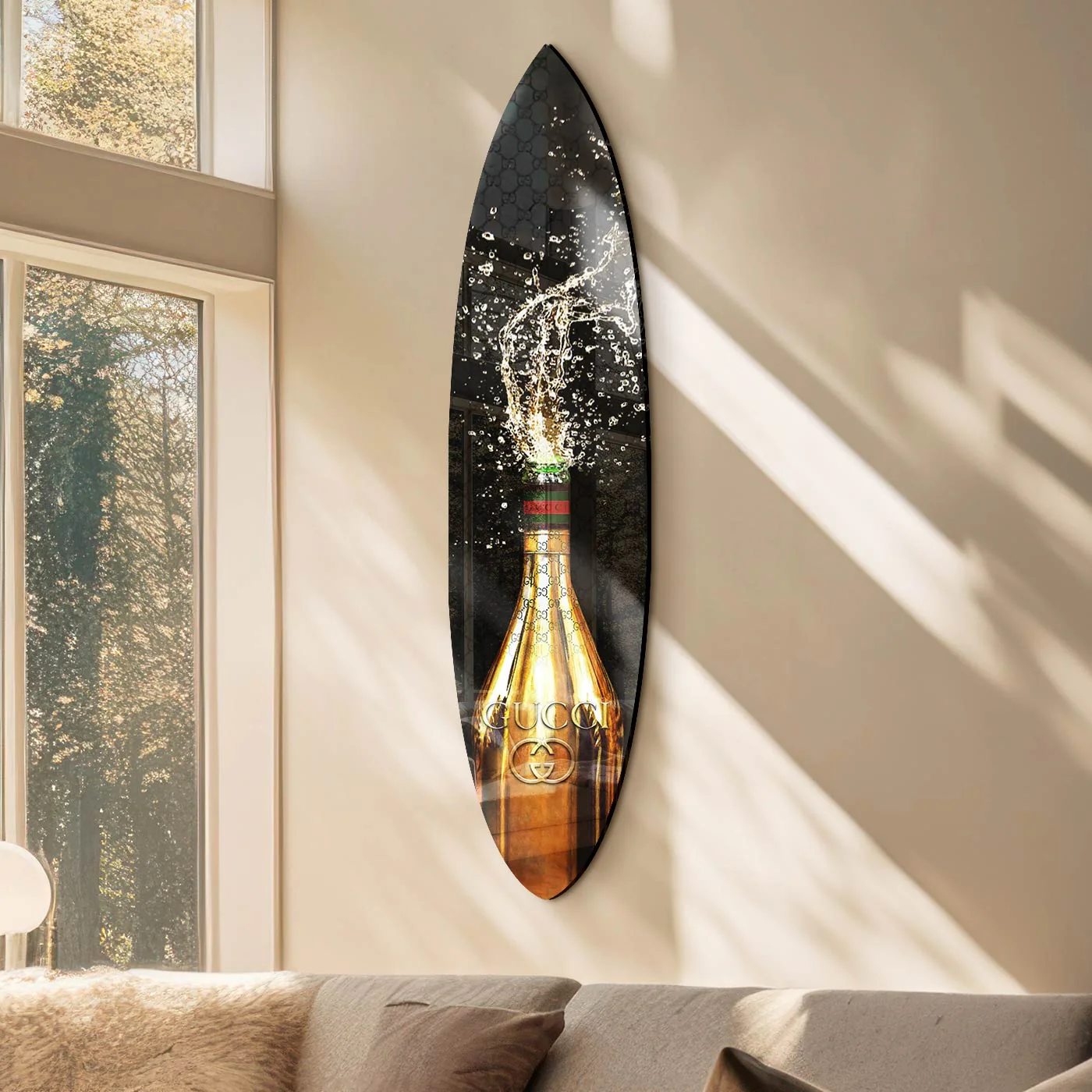 Italian Champagne Surfboard – Bold statement wall art in room setting
