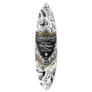 Dom Pérignon black-and-gold surfboard artwork by Oliver Gal – bold, luxurious, unapologetic.