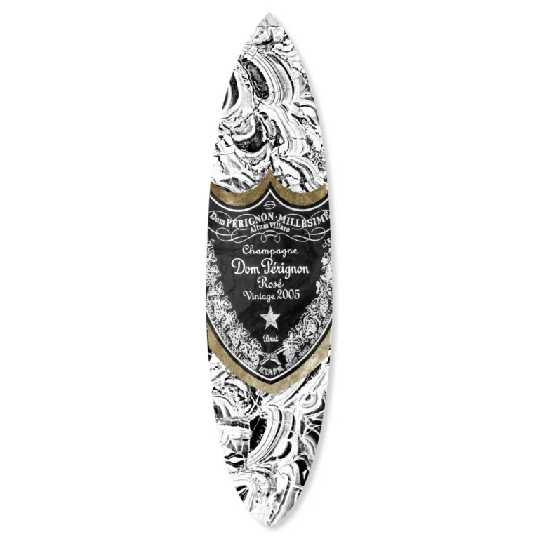 Dom Pérignon black-and-gold surfboard artwork by Oliver Gal – bold, luxurious, unapologetic.
