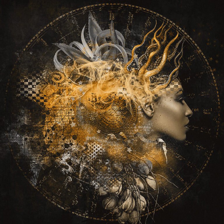 Golden goddess portrait on black plexiglass – mythical, powerful, and irresistibly regal.