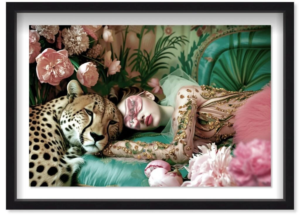 Framed wall art with a regal woman and cheetah, surrounded by lush florals in soft pink, gold accents, and green tones – Sleeping Beauties by Oliver Gal