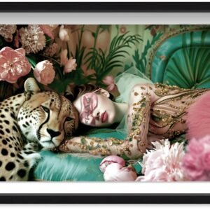 Framed wall art with a regal woman and cheetah, surrounded by lush florals in soft pink, gold accents, and green tones – Sleeping Beauties by Oliver Gal