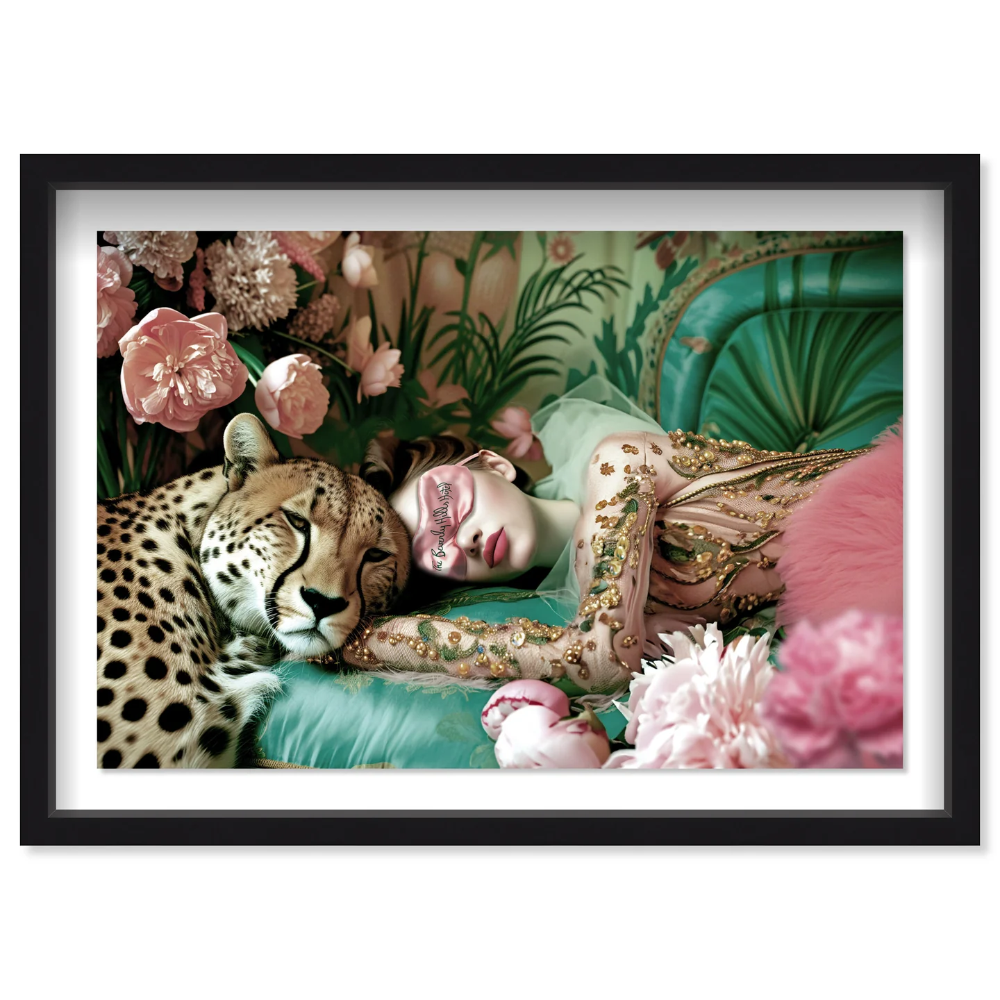 Sleeping Beauties – Woman and Cheetah Wall Art in Pink, Gold & Green