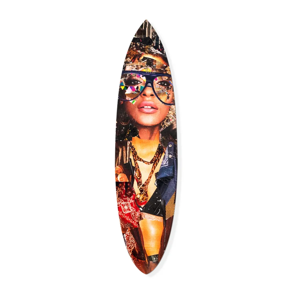 Urban Glam Fro Surfboard by Oliver Gal – layered portrait with gold and urban glam details