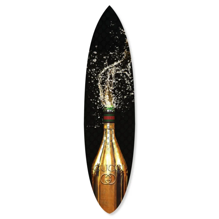 Italian Champagne Surfboard by Oliver Gal – gold bottle art print with black background