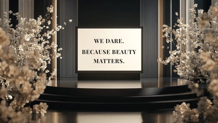 Elegant stage with golden blossoms and screen that reads ‘Because beauty matters.’ — cover image for the HBV journal ‘Because of Beauty’.