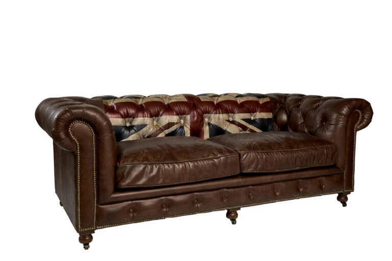 Rebel Union Jack sofa by Andrew Martin – distressed brown leather chesterfield with Union Jack flag backrest