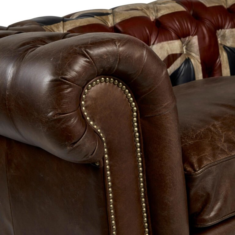 Rebel Union Jack sofa detail – hand-distressed leather and Union Jack upholstery by Andrew Martin