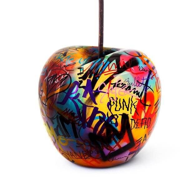 Porcelain cherry sculpture by Bull & Stein, graffiti design, side angle