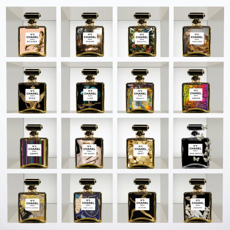 Andrew Martin Scent of Life artwork featuring 16 Chanel-inspired bottles in a colorful plexiglass grid, mounted on aluminum frame.