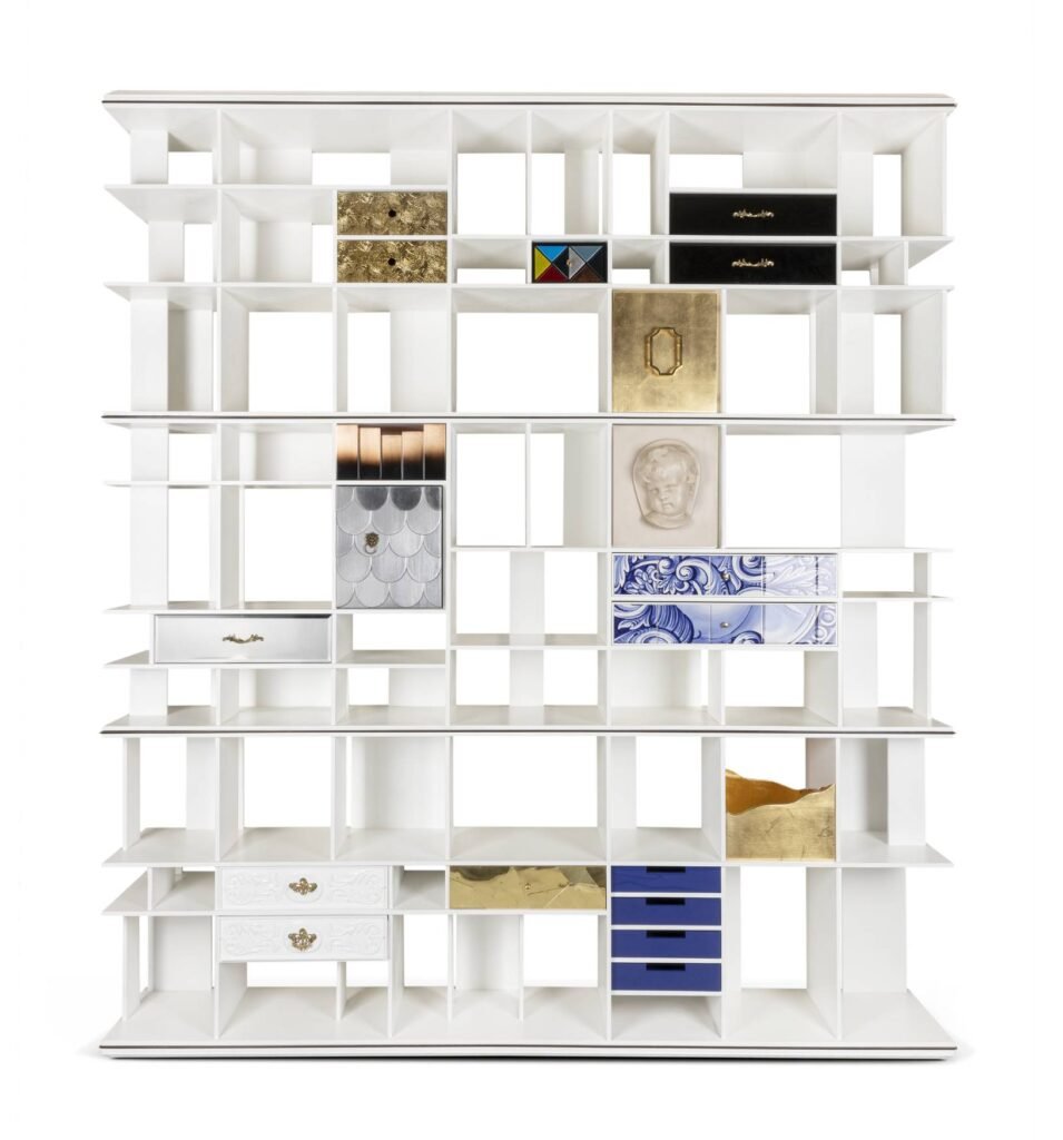 Coleccionista Bookcase by Boca do Lobo, tall modular bookshelf with customizable drawers and luxury finishes.