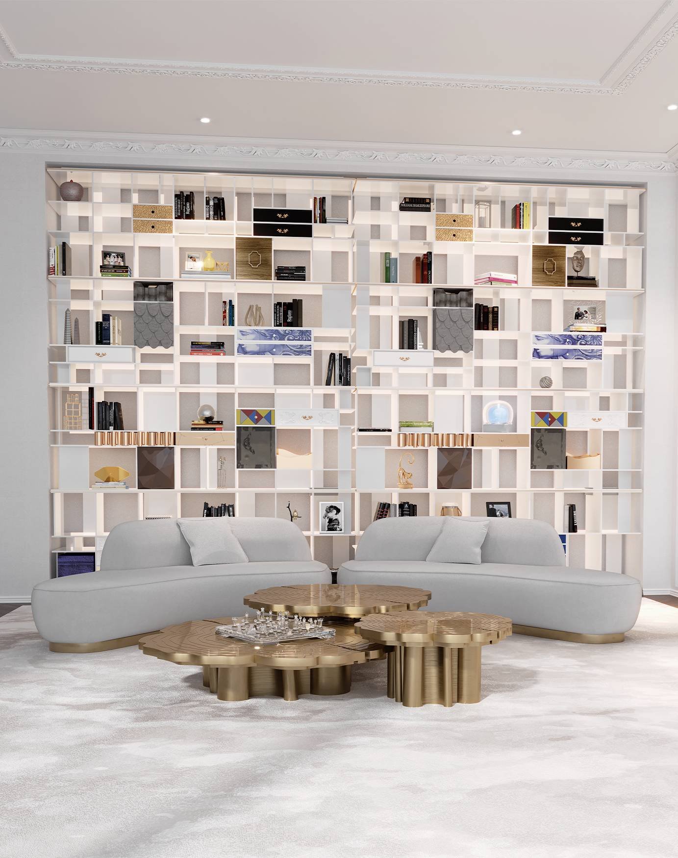 Coleccionista Bookcase in Luxury Living Room – White Finish