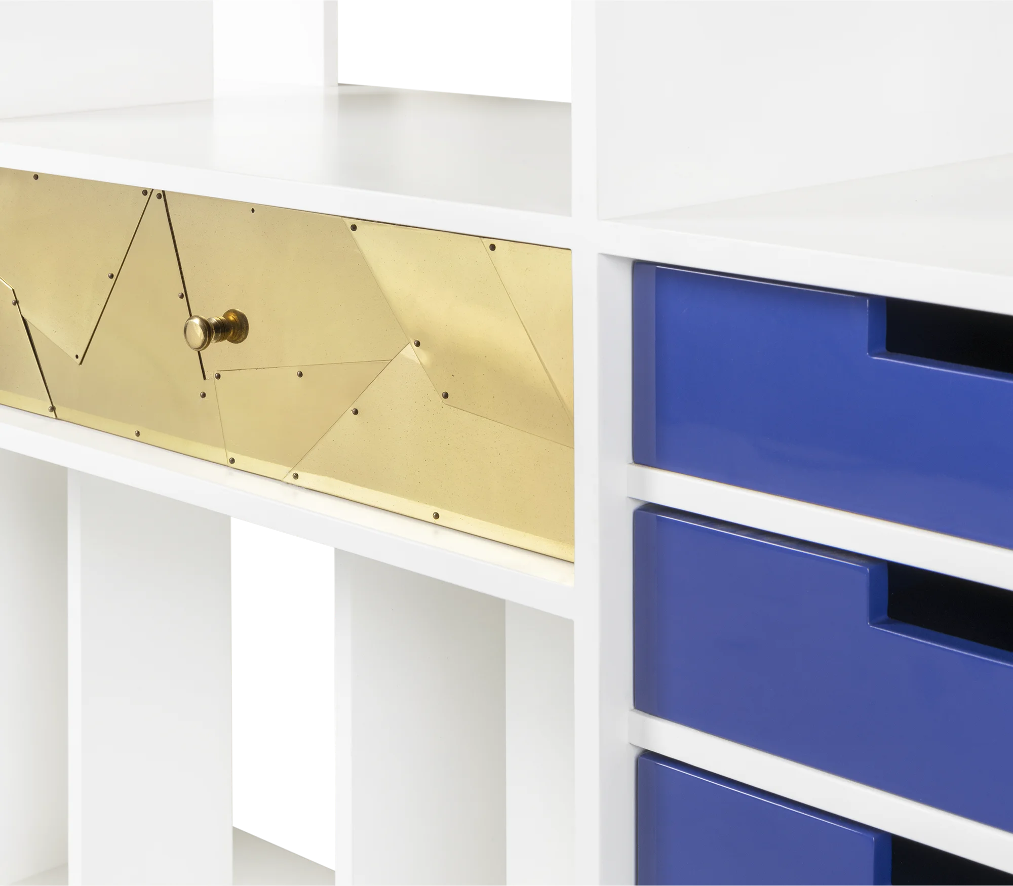 Coleccionista — Brass and Blue Drawer Detail