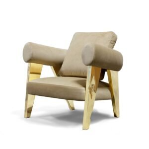 Ethereal Armchair by Boca do Lobo with polished brass legs and upholstered fabric seat, luxury design from Portugal.