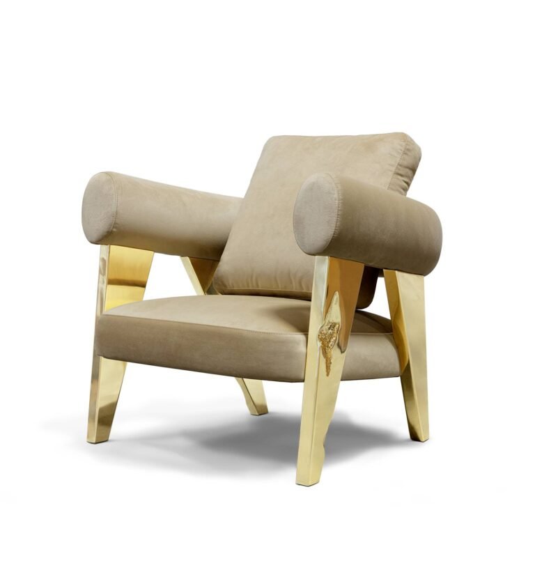 Ethereal Armchair by Boca do Lobo with polished brass legs and upholstered fabric seat, luxury design from Portugal.