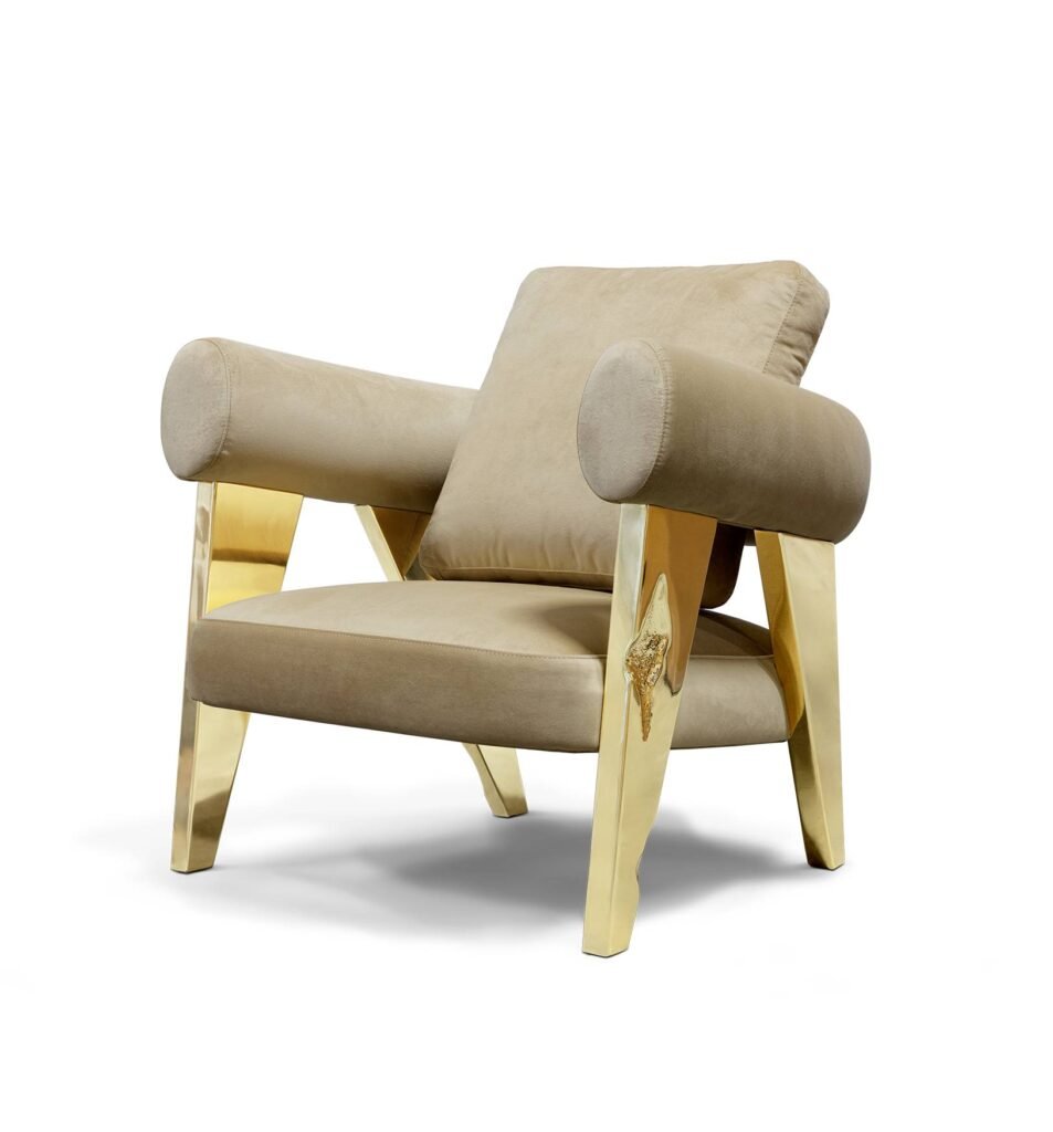 Ethereal Armchair by Boca do Lobo with polished brass legs and upholstered fabric seat, luxury design from Portugal.