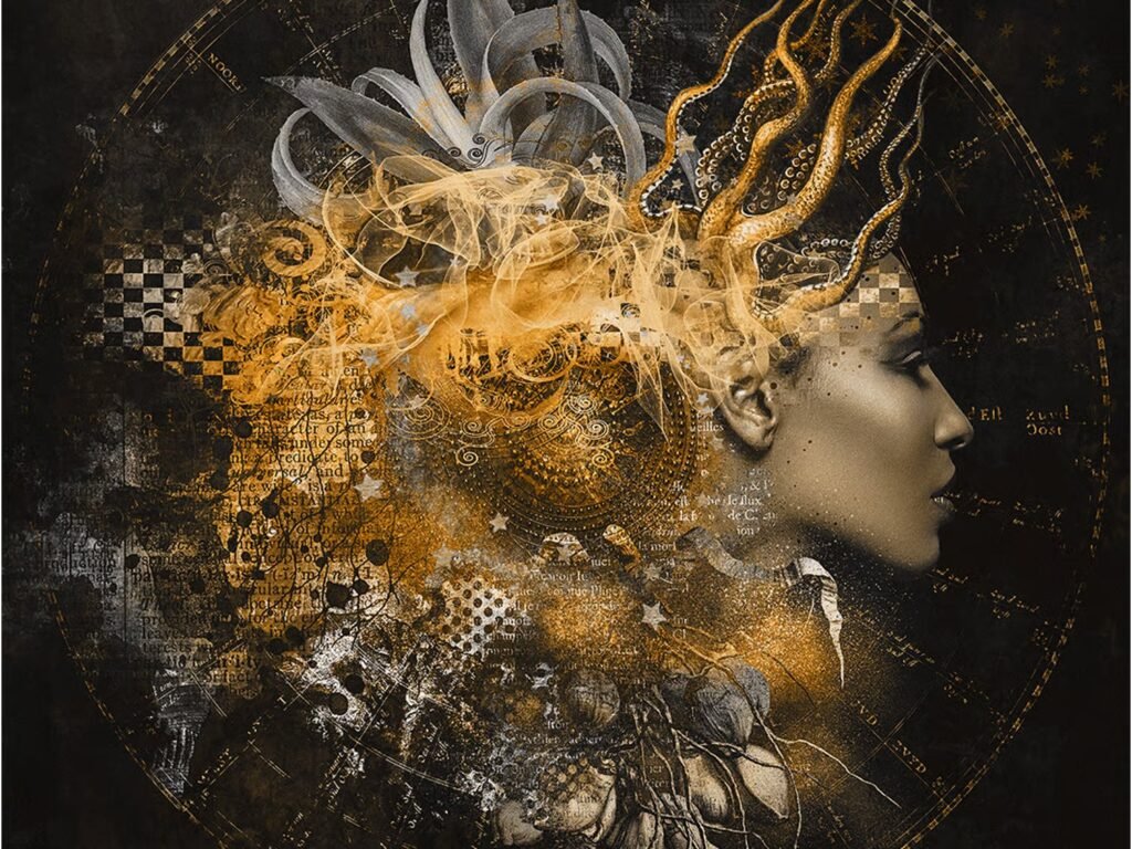 Golden Muse Plexiglass Artwork – Mythical portrait in gold and black with symbolic detailing, printed on glossy plexiglass