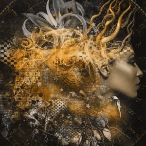Golden Muse Plexiglass Artwork – Mythical portrait in gold and black with symbolic detailing, printed on glossy plexiglass