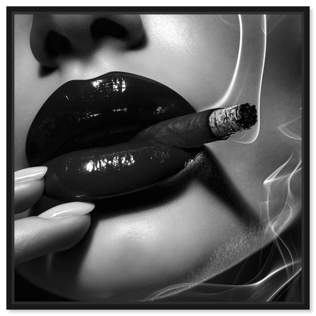 Midnight Smoke wall art by Oliver Gal – sensual black and white lips with cigarette.