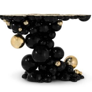 Newton Console by Boca do Lobo featuring bold black lacquer and gold spheres