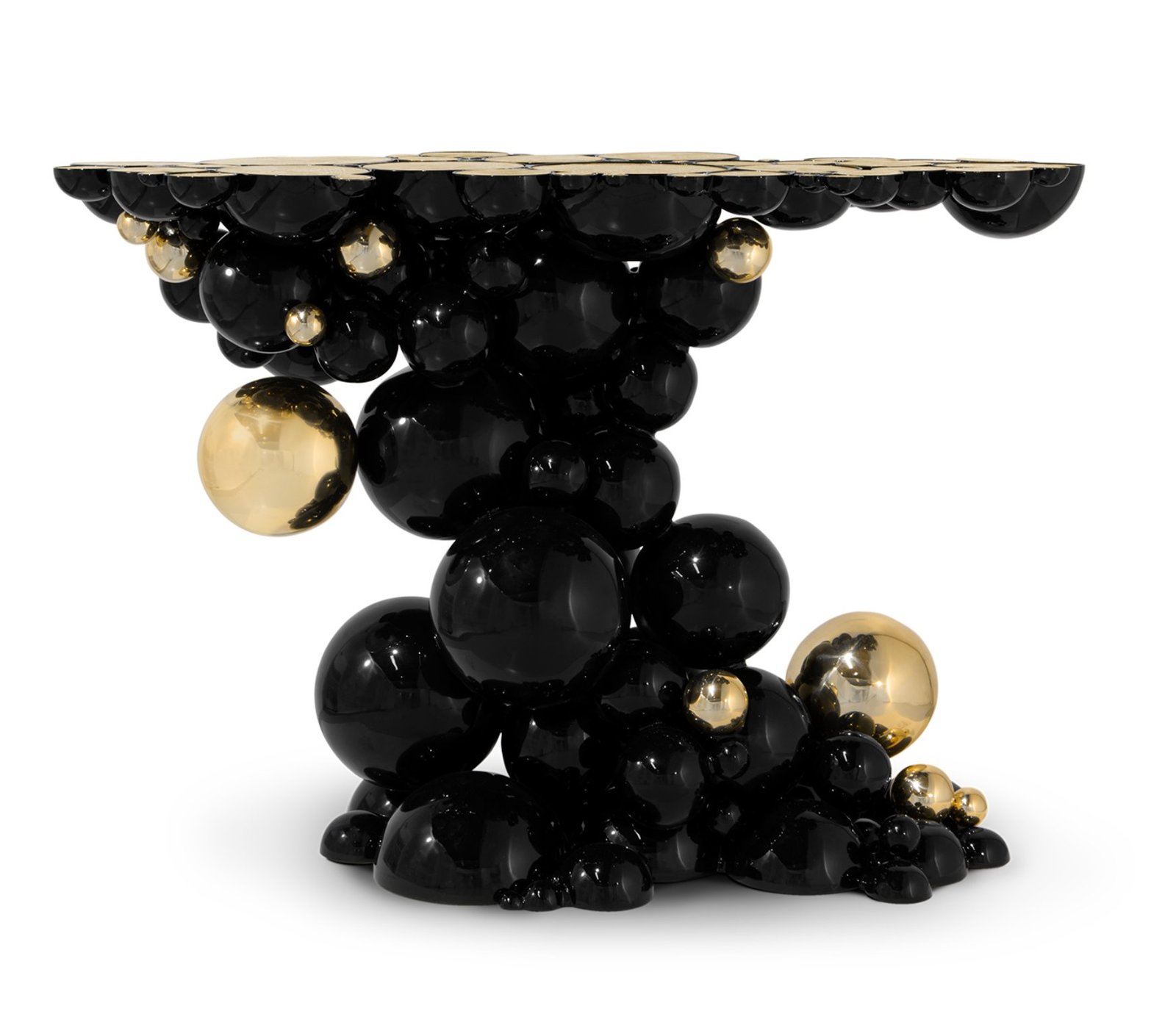 Newton Console by Boca do Lobo featuring bold black lacquer and gold spheres