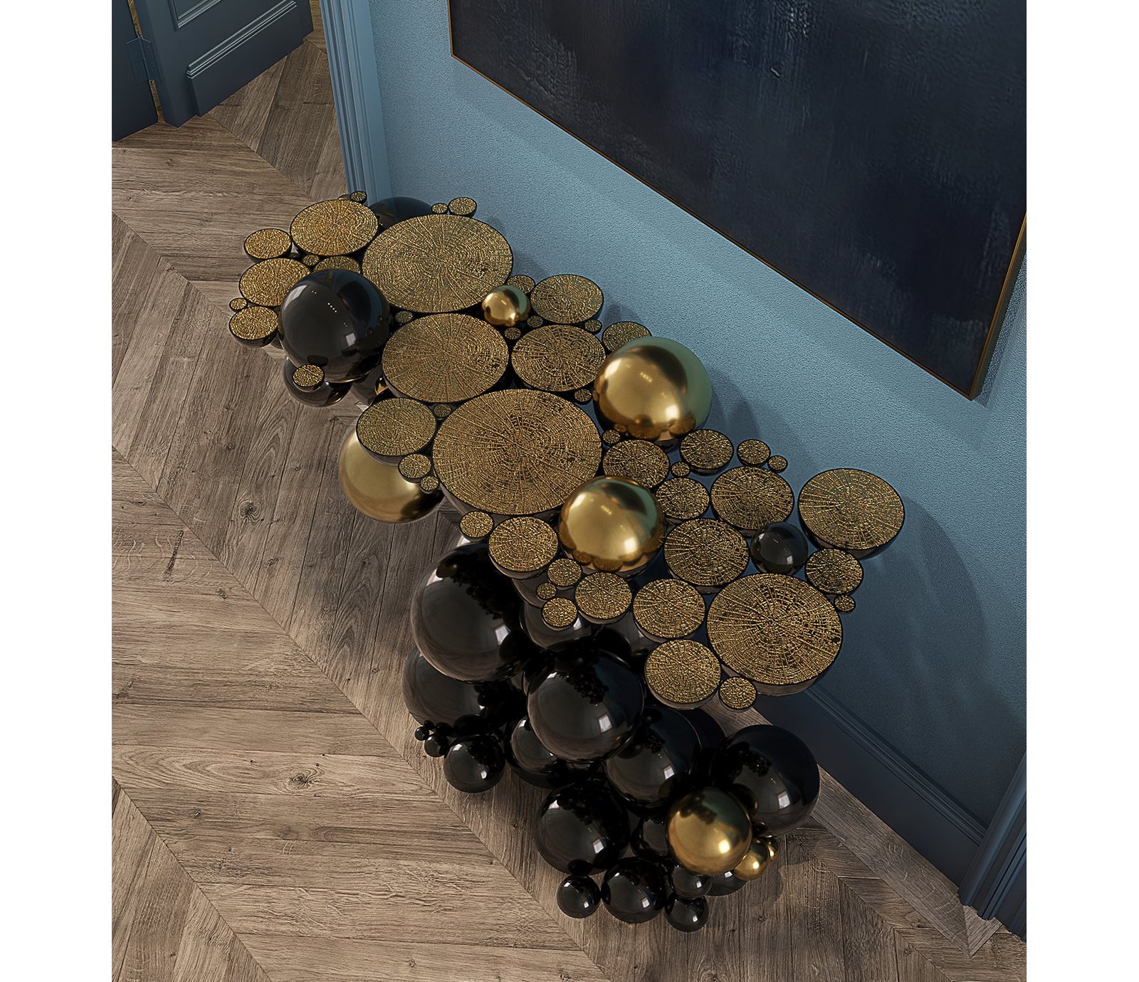 Newton Console Styled in Interior – A Cosmic Collision of Geometry, Glamour, and Gravity