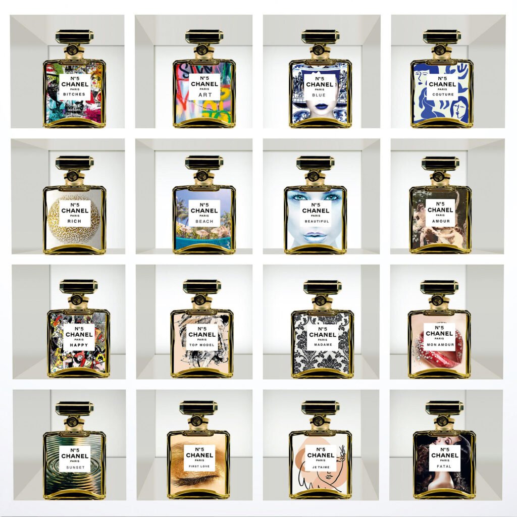 Scent of Life II art print by Andrew Martin – luxury wall decor on plexiglass featuring sixteen Chanel N°5 bottles, limited edition artwork curated by HBV.