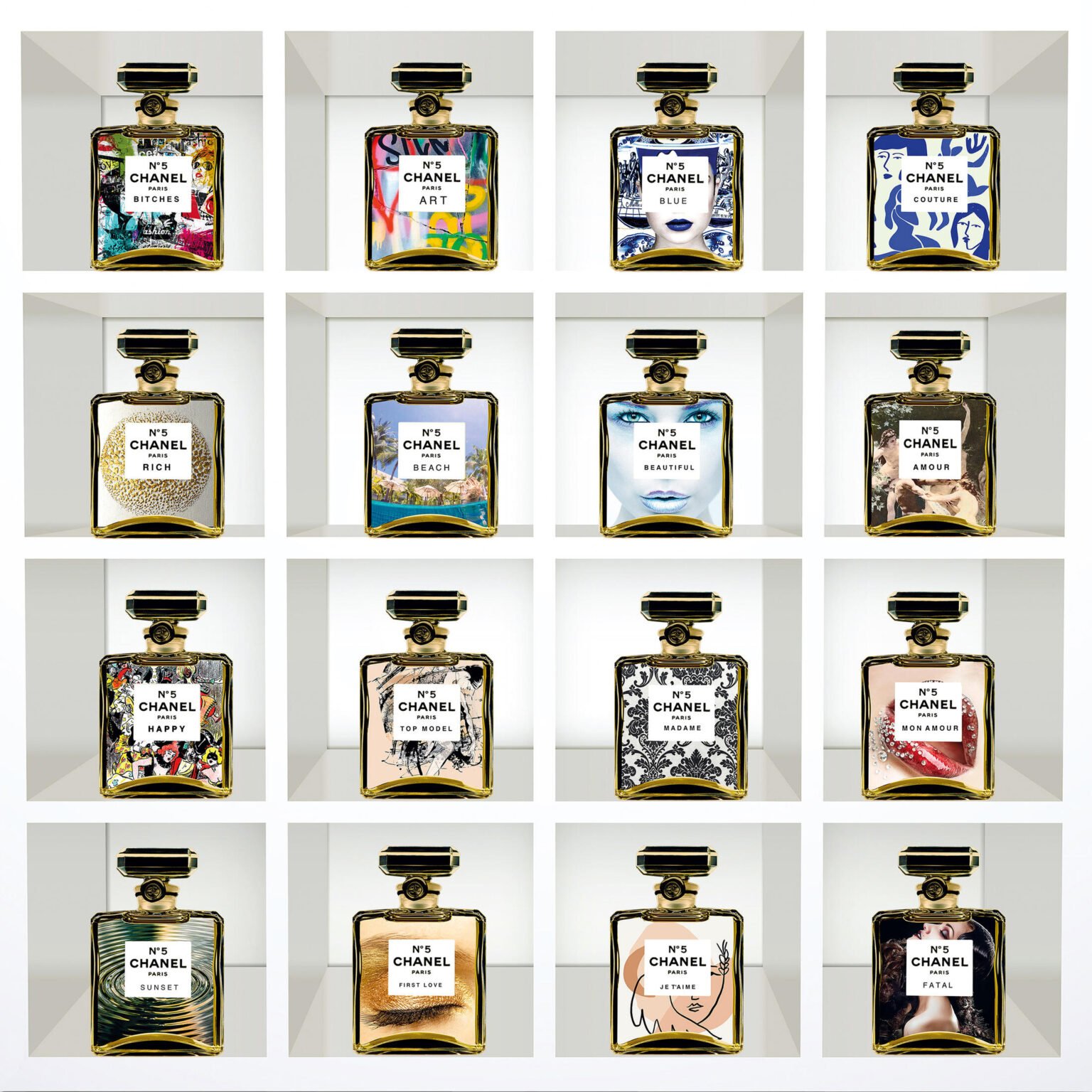 Scent of Life II art print by Andrew Martin – luxury wall decor on plexiglass featuring sixteen Chanel N°5 bottles, limited edition artwork curated by HBV.