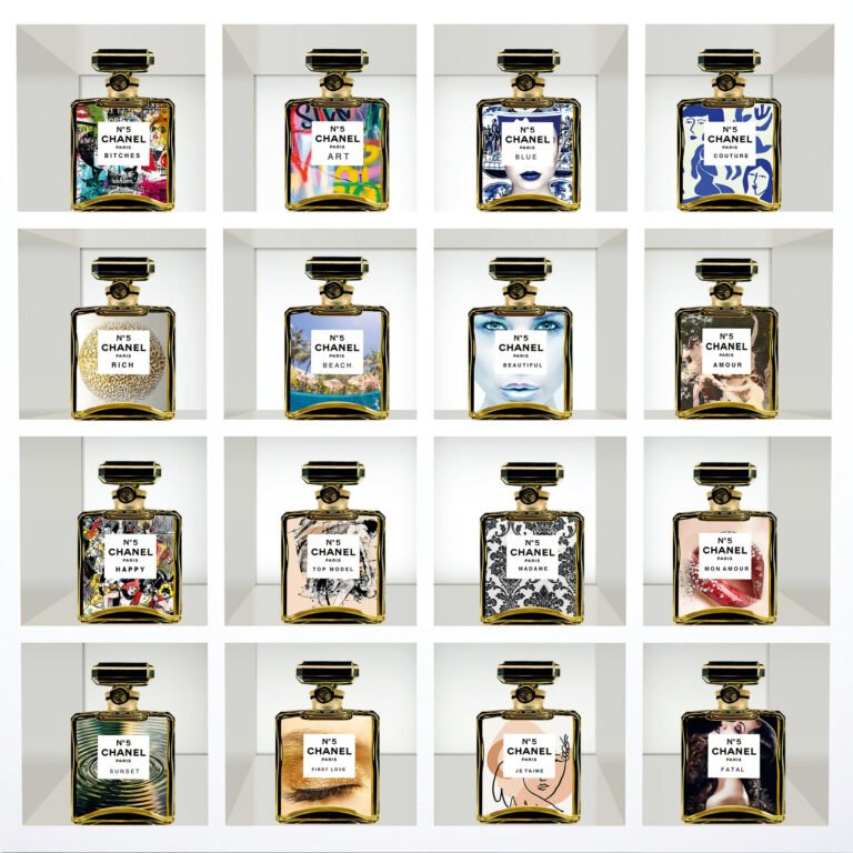 Scent of Life II art print by Andrew Martin – luxury wall decor on plexiglass featuring sixteen Chanel N°5 bottles, limited edition artwork curated by HBV.