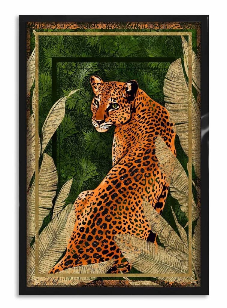 Emerald Jungle Cat artwork by Oliver Gal featuring hand-applied gold leaf on green foliage background