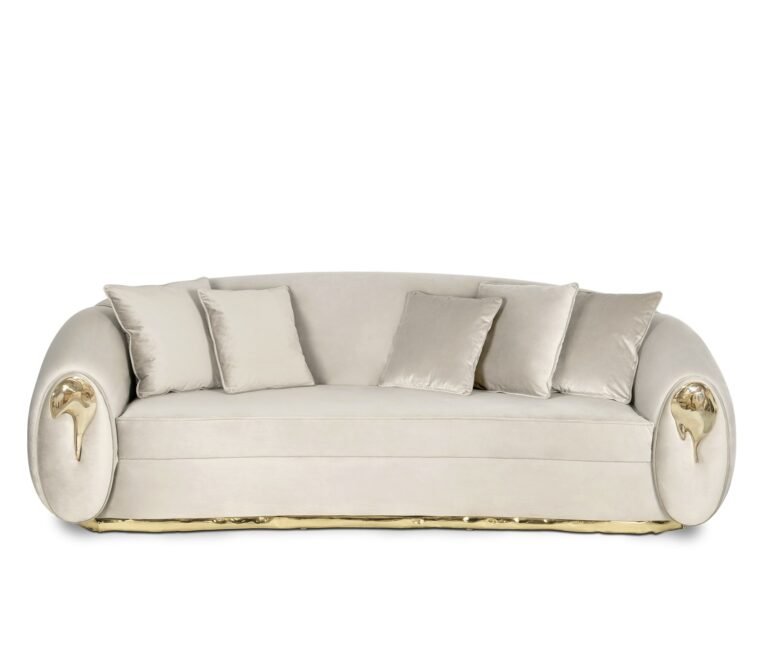 Soleil Sofa by Boca do Lobo in cream upholstery with rounded arms and brass details