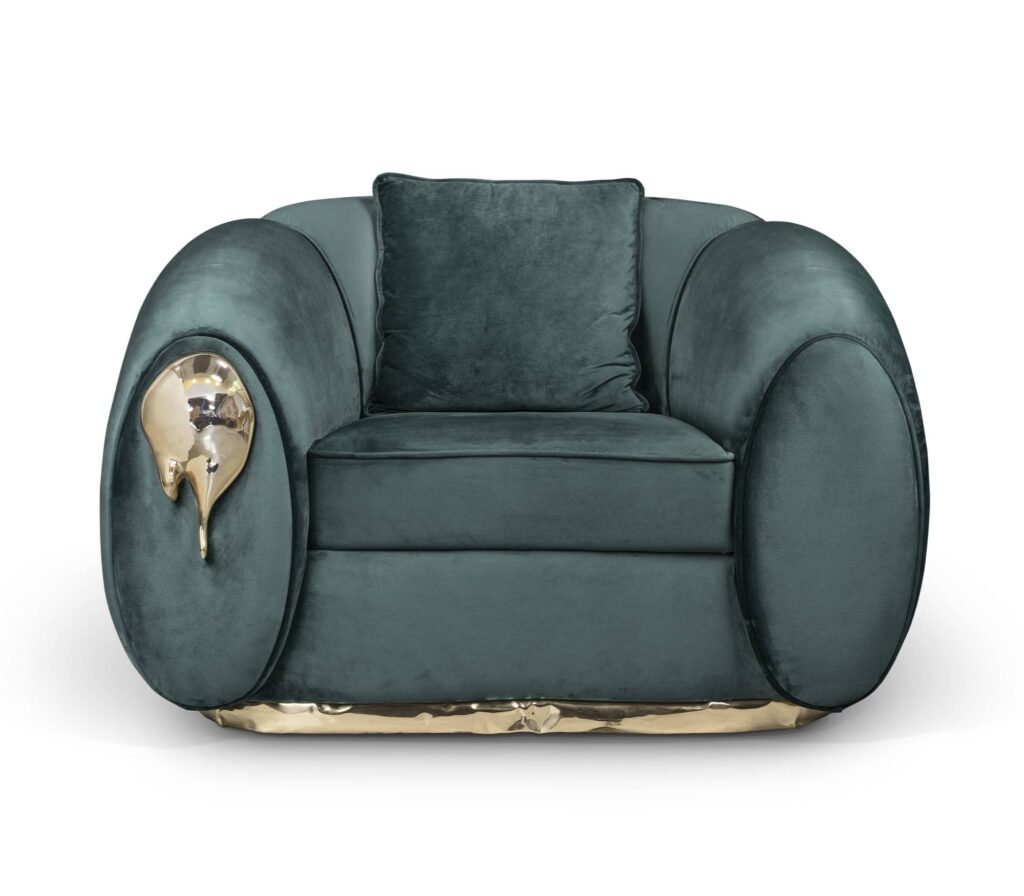 Soleil Armchair in green by Boca do Lobo in cream upholstery with rounded arms and brass details