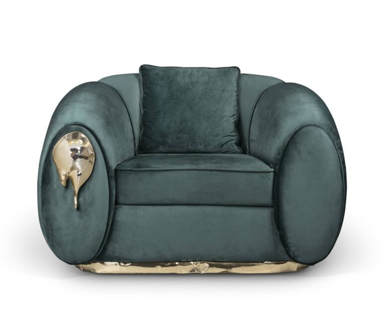 Soleil Armchair in green by Boca do Lobo in cream upholstery with rounded arms and brass details