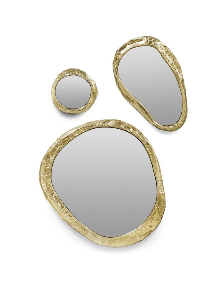 Halo Mirror by Boca do Lobo – set of three sculptural wall mirrors with hammered brass frames in organic shapes