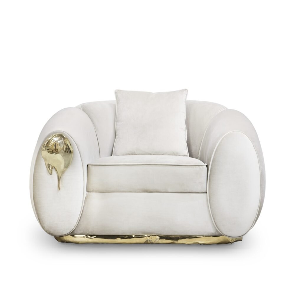 Soleil Armchair by Boca do Lobo in white upholstery with sculptural brass base.