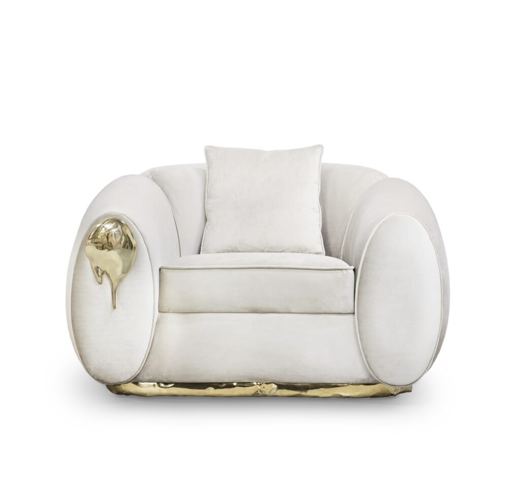 Soleil Armchair by Boca do Lobo in white upholstery with sculptural brass base.