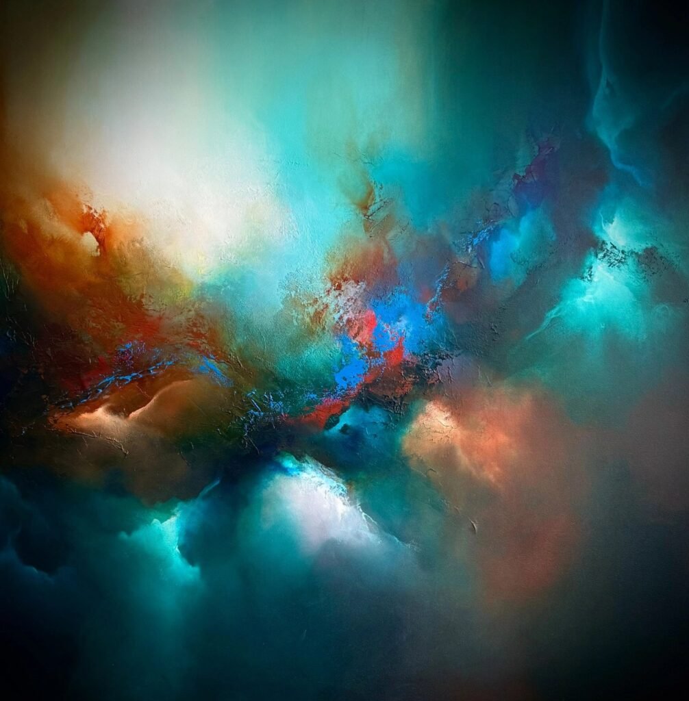 Evoking the Heavens abstract painting by Simon Kenny – luminous celestial abstraction with atmospheric blue and turquoise tones