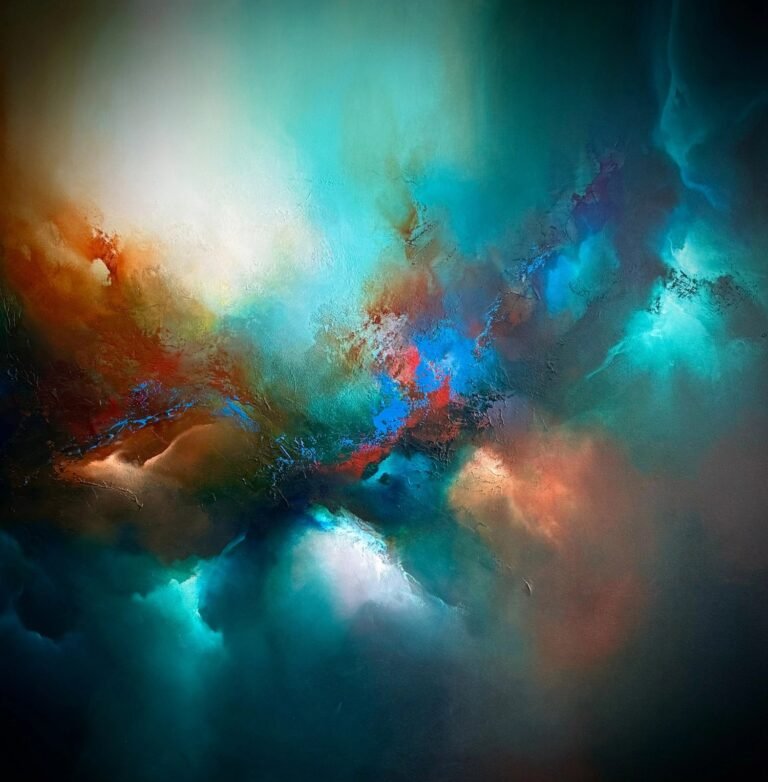 Evoking the Heavens abstract painting by Simon Kenny – luminous celestial abstraction with atmospheric blue and turquoise tones
