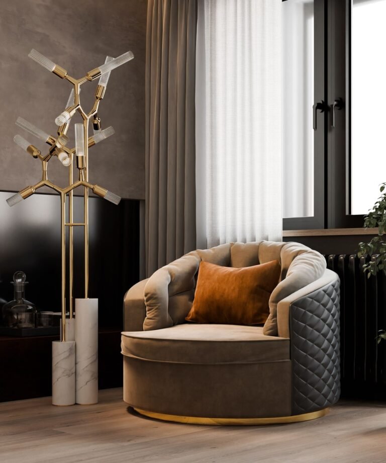 Luxury reading corner with gold floor lamp and upholstered armchair, warm ambient lighting and modern interior design