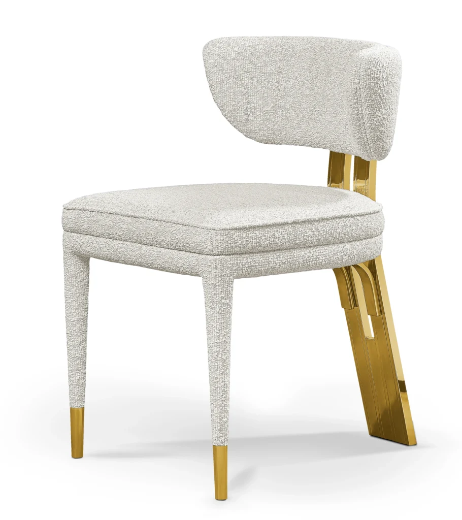 Talie Dining Chair by LUXXU in cream upholstery with brass frame