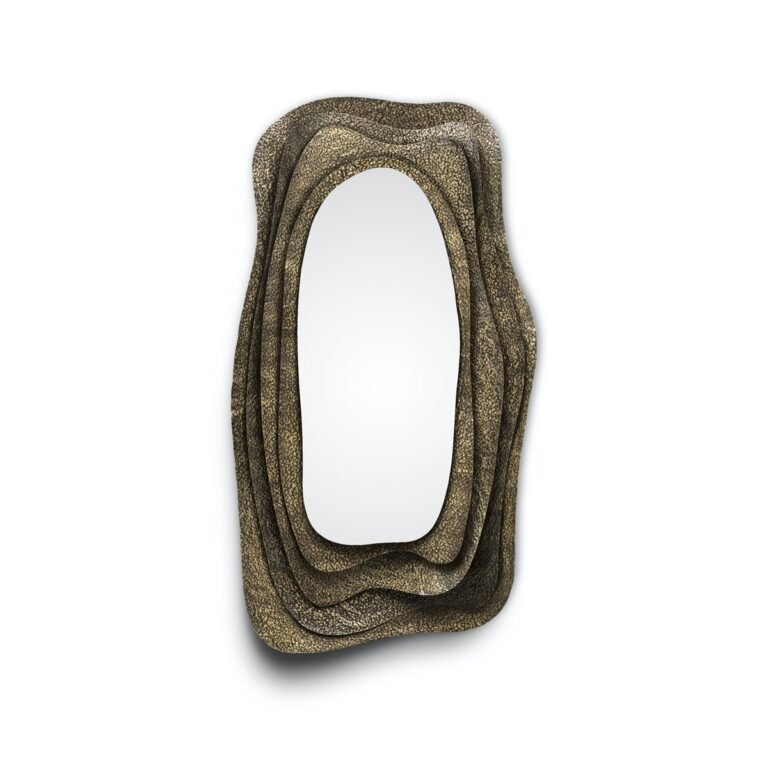 Kumi rectangular mirror in hammered aged brass by BRABBU